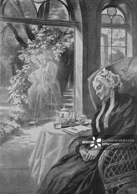 一个梦，老妇人在她的柳条椅子上睡着了，梦见了过去，她的婚礼，1878年，德国，历史悠久，数字复制了一份19世纪的原件，原件日期不详图片素材