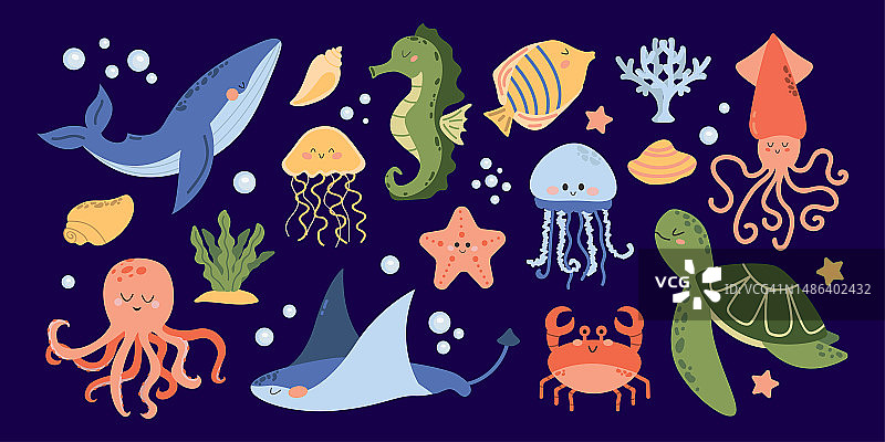 向量集的海洋生物。可爱的鲸鱼、鱿鱼、章鱼、黄貂鱼、水母、鱼、蟹、海马。海藻和贝壳。鱼和野生海洋动物被隔离在蓝色背景上。卡通风格。图片素材