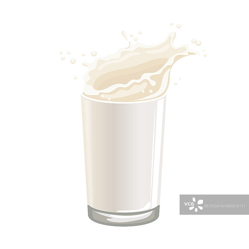 白色背景上有牛奶和牛奶飞溅的玻璃杯。健康饮品图标图片素材
