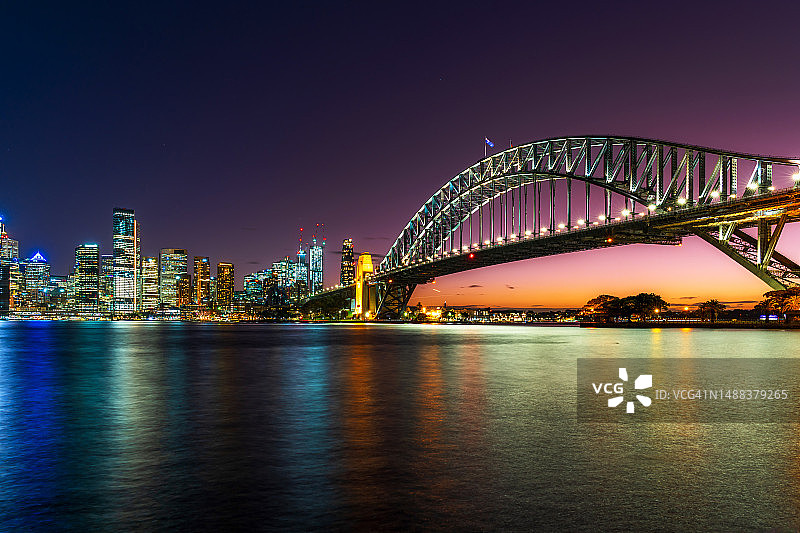 黄昏时分，悉尼歌剧院旁边的悉尼海港大桥和悉尼市景河岸图片素材