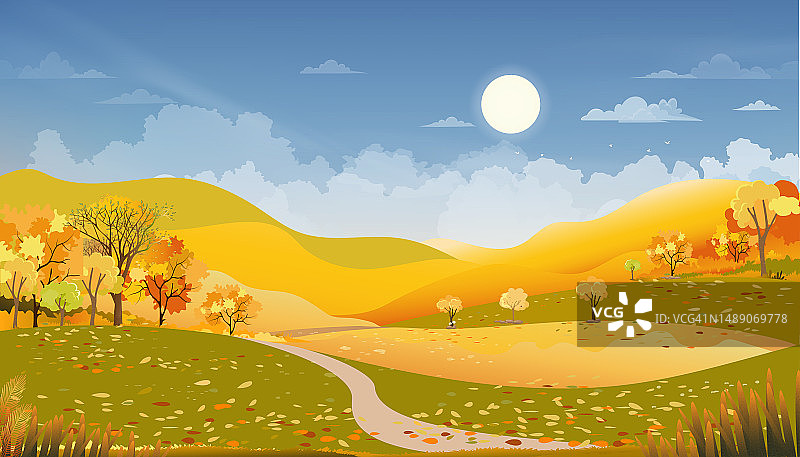 秋天的乡村景观农场田野和森林树木与蓝天，矢量卡通横向秋天风景自然乡村与早晨日出，秋季为感恩节的背景图片素材