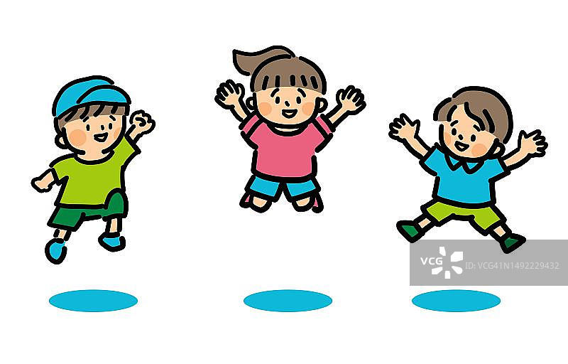 一群三个快乐的孩子在跳图片素材