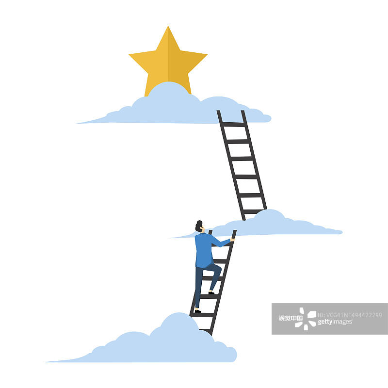 企业家在事业阶梯上向上爬，达到顶峰，伸手去摘星星。成功阶梯实现目标、成就或机会，爬上阶梯获得新希望、事业发展。图片素材