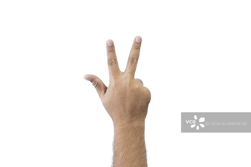特写男人的手背。张开的手，显示三个手指的意思是八，在问候中延伸复制空间孤立在白色背景。文本空间。图片素材