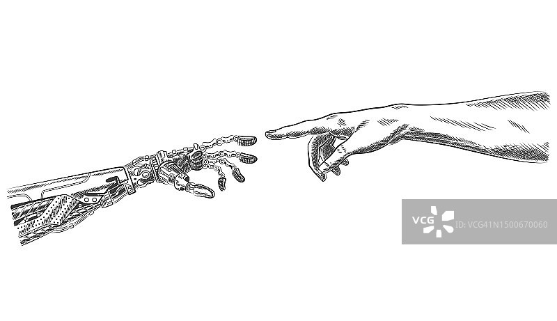 机器人的手和人类用手指触摸。虚拟现实或人工智能技术概念-手绘草图设计插画图片素材