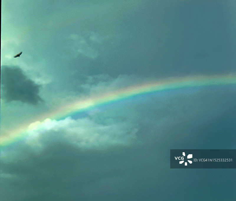 大雨/季风过后，傍晚太阳出来后，彩虹在艾哈迈达巴德的天际线上形成图片素材