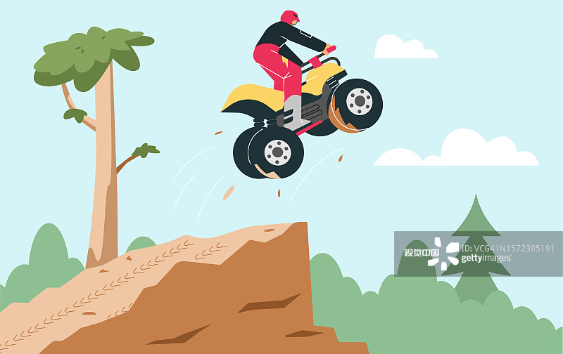 戴头盔的男子骑着四轮摩托车从悬崖上跳下图片素材