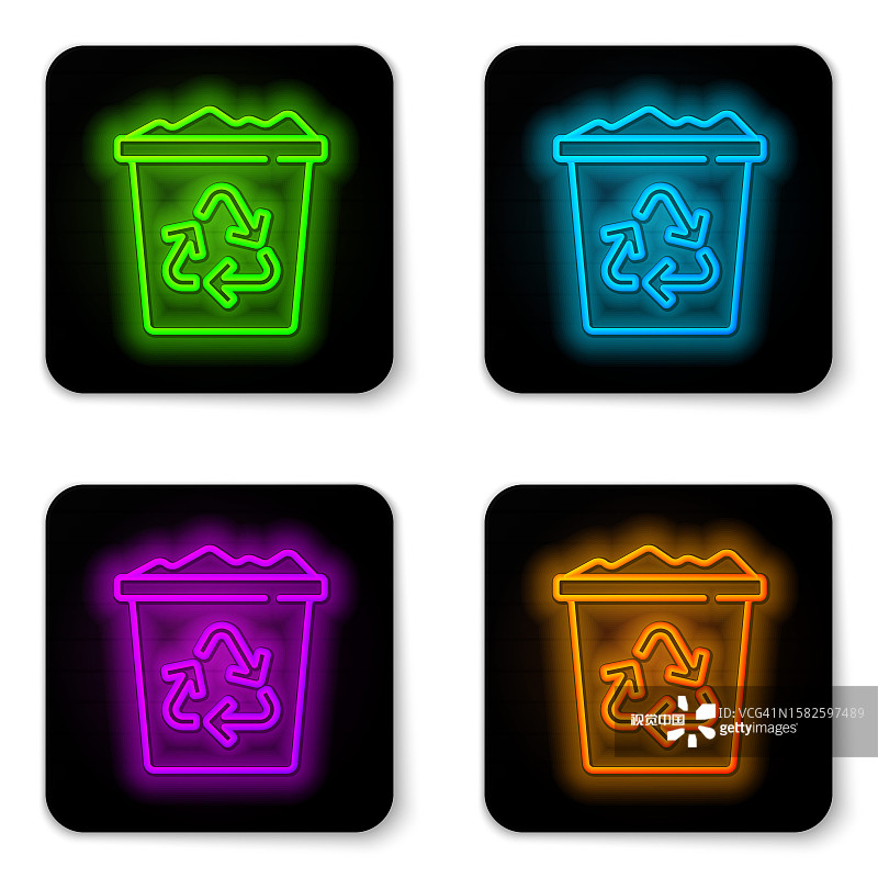 发光的霓虹灯线回收站与回收符号图标孤立的白色背景。垃圾桶图标。垃圾桶标志。回收箱标志。黑色方形按钮。向量图片素材