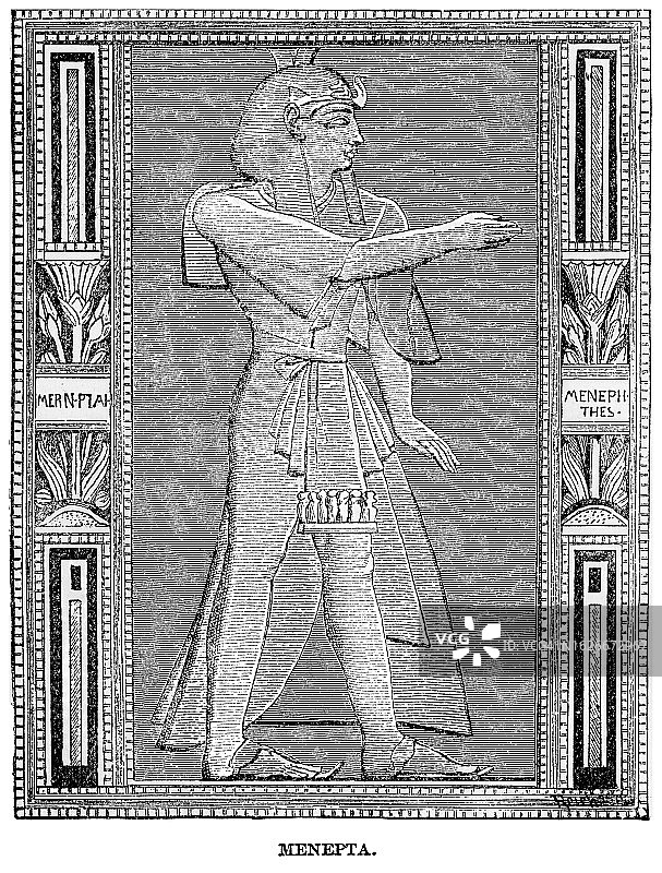 Merneptah或Merenptah(公元前1213年7月或8月统治-公元前1203年5月2日)古埃及第十九王朝的第四位法老的古老雕刻插图图片素材