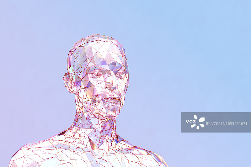 生物识别技术的进展。3D未来人类玻璃头图片素材