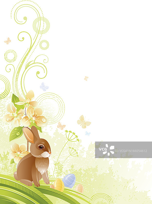 垂直复活节背景与copyspace，水果树枝和兔子图片素材