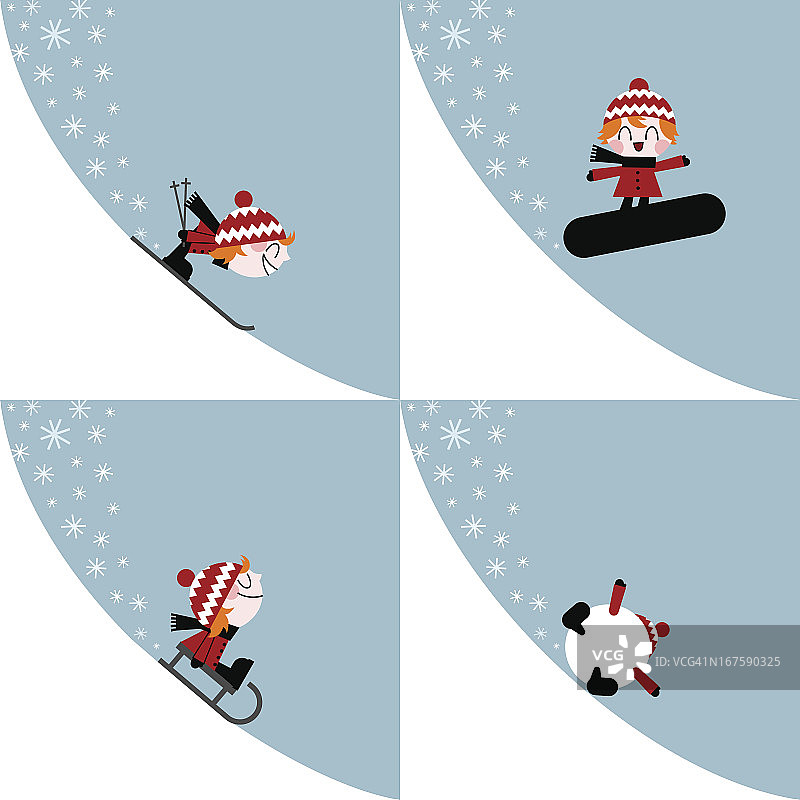 冬季运动儿童滑雪滑雪滑板插图矢量图片素材
