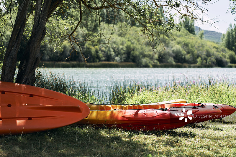 湖岸边草地上的一群空划艇的侧视图，背景是树木图片素材