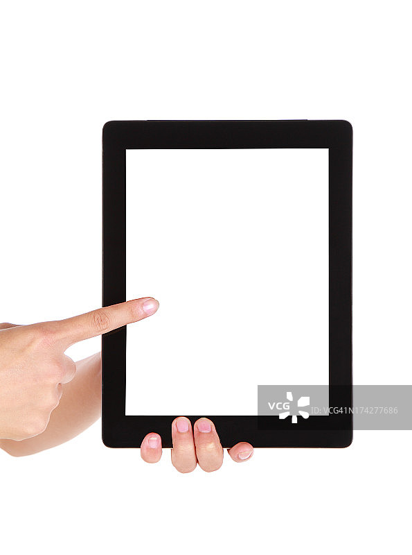 手指向平板电脑的空白屏幕图片素材