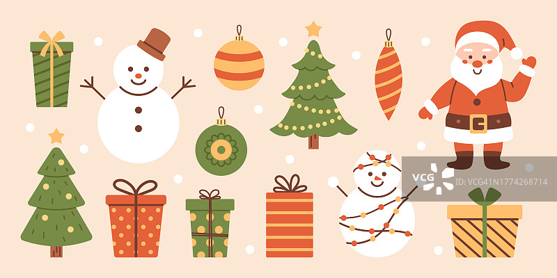 向量圣诞集与圣诞老人，礼品盒，雪人，圣诞树和小玩意。新年和圣诞系列。寒假可爱有趣的插画。图片素材