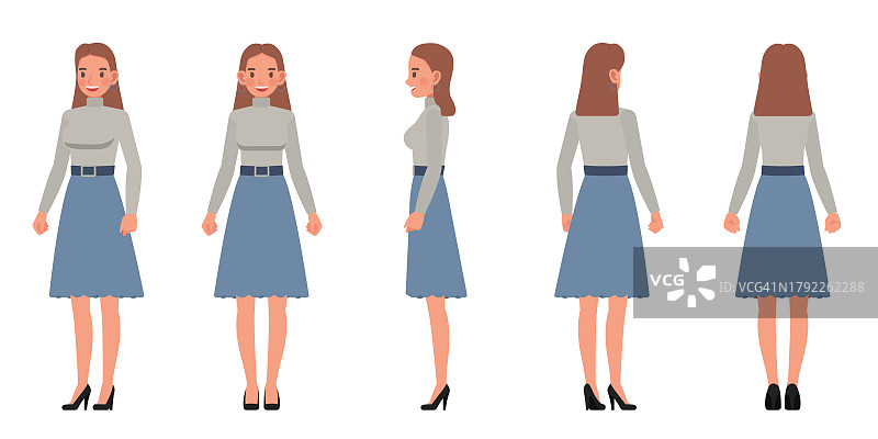 一套职业妇女穿灰色衬衫的颜色字符矢量设计。呈现在各种动作中。在办公室工作的人进行规划、思考和经济分析。图片素材
