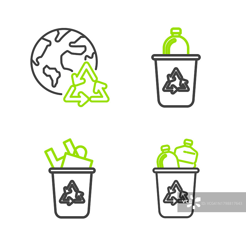 设置线回收站与回收符号，和行星地球和回收图标。向量图片素材