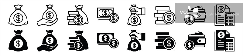 金融细线图标集。预算，钱，收入，基金，利润，收入，储蓄，会计计算器，钱包，和硬币图标符号。矢量图图片素材