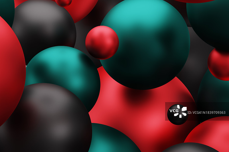 闪亮的红色，绿色绿松石和黑色的球，圆圈，气泡，球体，滴。抽象立体图案，构图。明亮的背景，设计元素。图片素材