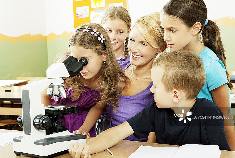 教师和学生使用显微镜图片素材