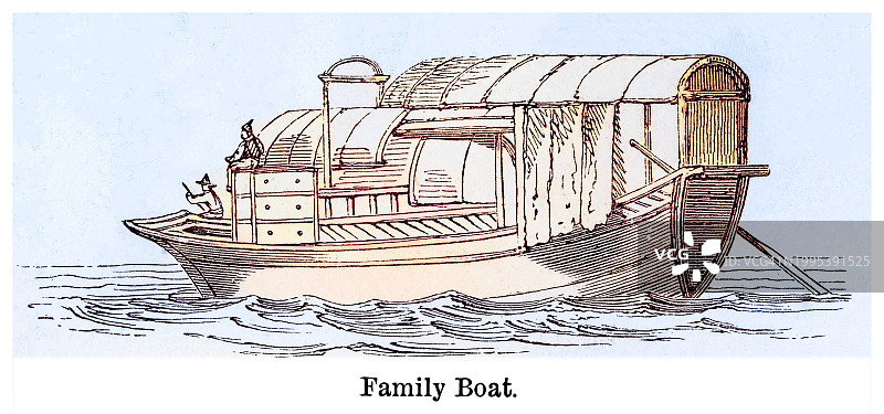 古老的中国传统船的雕刻插图-家庭船图片素材