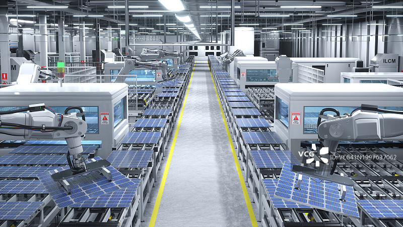 绿色能源工厂生产的太阳能电池，3D插图图片素材