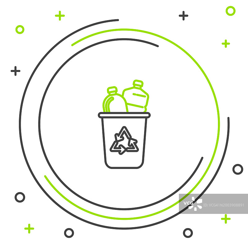 黑色和绿色线回收站与回收符号图标隔离在白色背景。垃圾桶图标。垃圾桶标志。回收箱标志。色彩缤纷的轮廓概念。矢量图图片素材