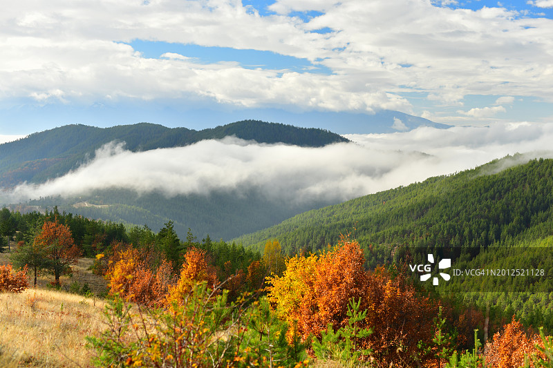 田园诗般阳光明媚的山谷，云和秋天的彩色树叶图片素材