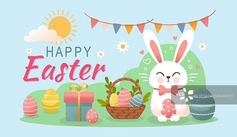 复活节假期，有一篮子的复活节彩蛋，复活节兔子和彩蛋。矢量图图片素材