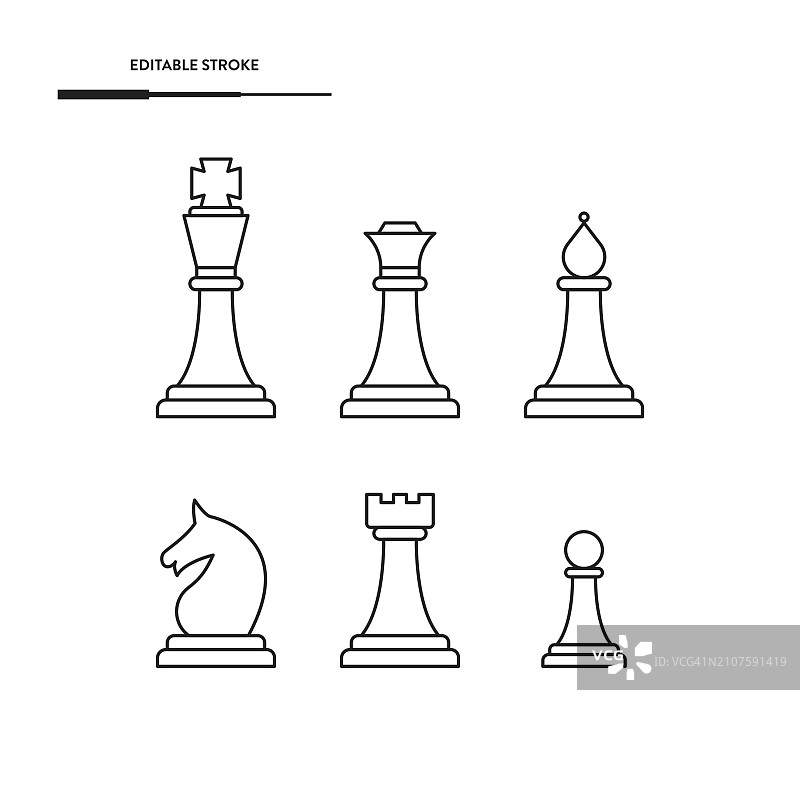 棋子图标集。国王，王后，兵，马和车矢量设计。图片素材