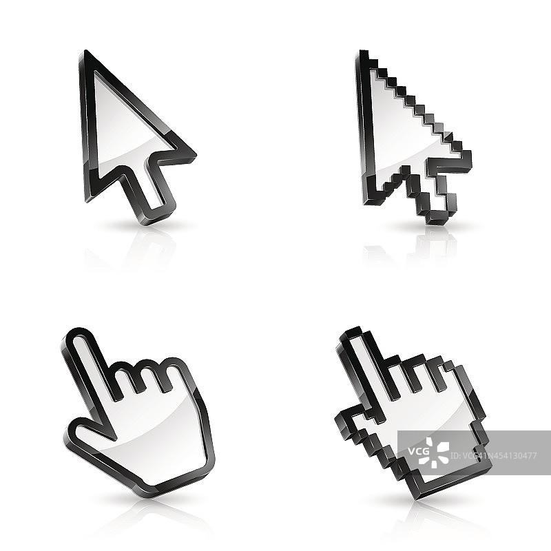 四个矢量鼠标指针，两个箭头和两只手图片素材