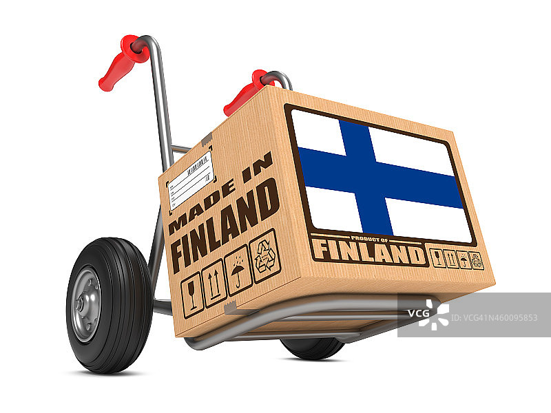 芬兰制造-手推车上的硬纸盒。图片素材