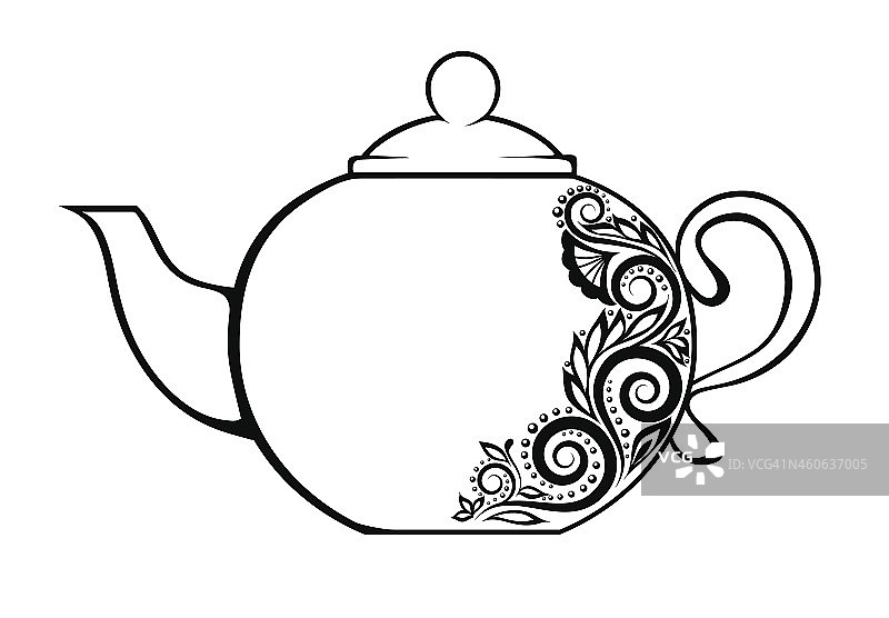 漂亮的茶壶，饰以黑白花饰图片素材