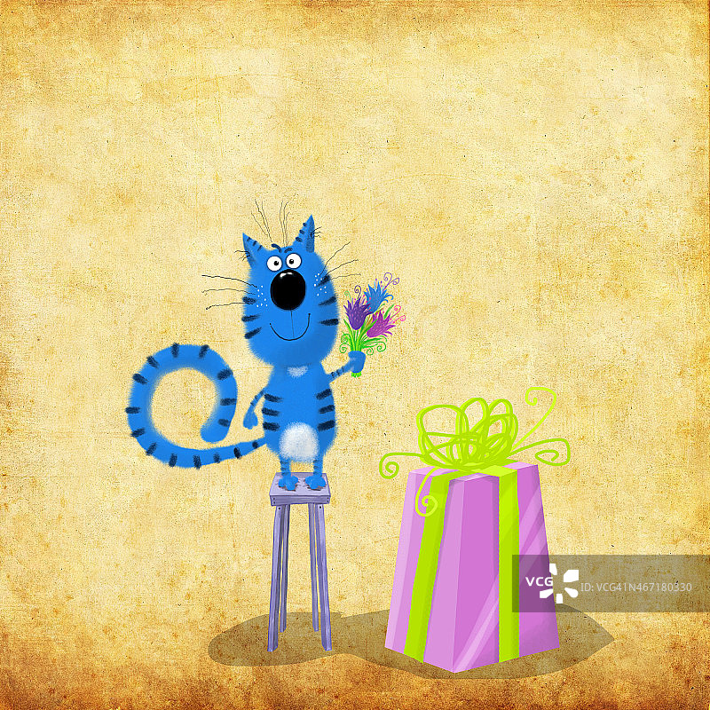 在凳子上的蓝色小猫与鲜花和礼物图片素材