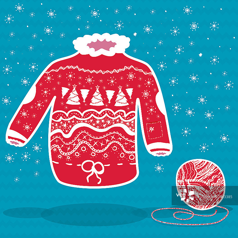 红色针织圣诞毛衣和一团毛线图片素材