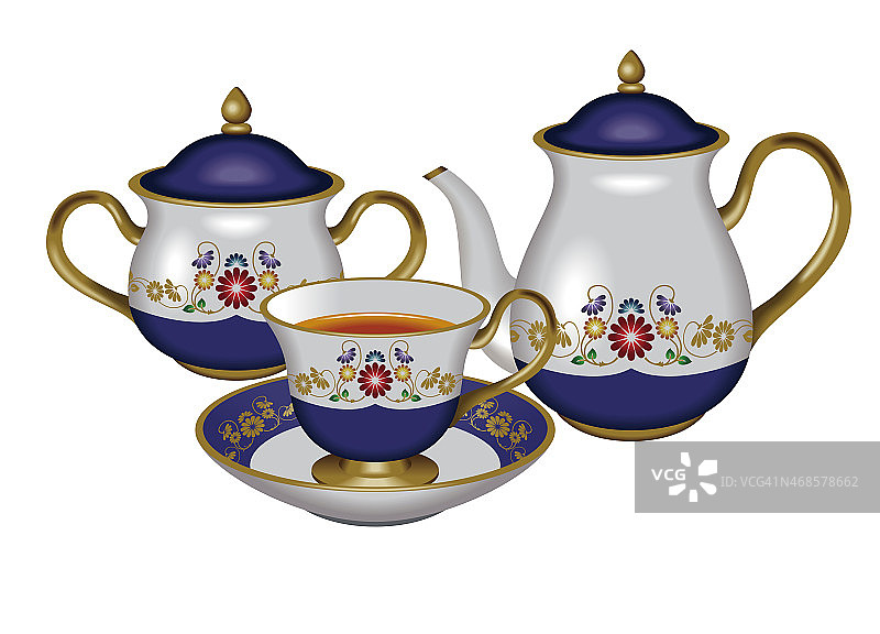 茶壶、糖壶、杯碟插图。蓝色的。图片素材