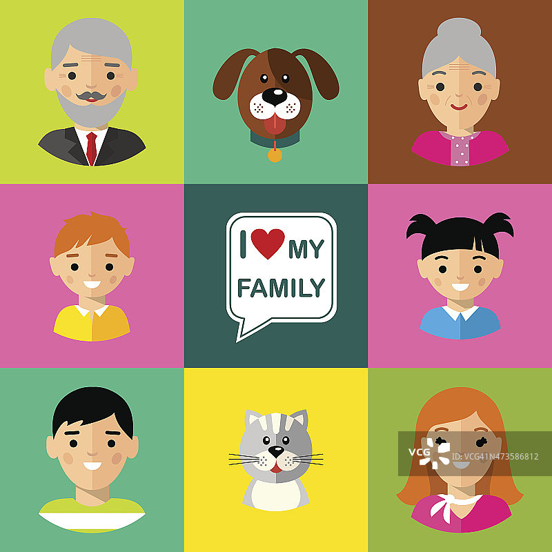 一套家庭图标祖父母，父母，孩子，猫，狗图片素材