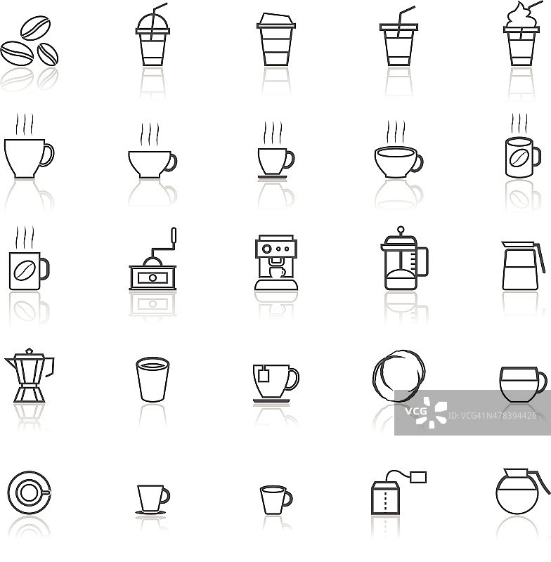 咖啡线图标与反映在白色图片素材