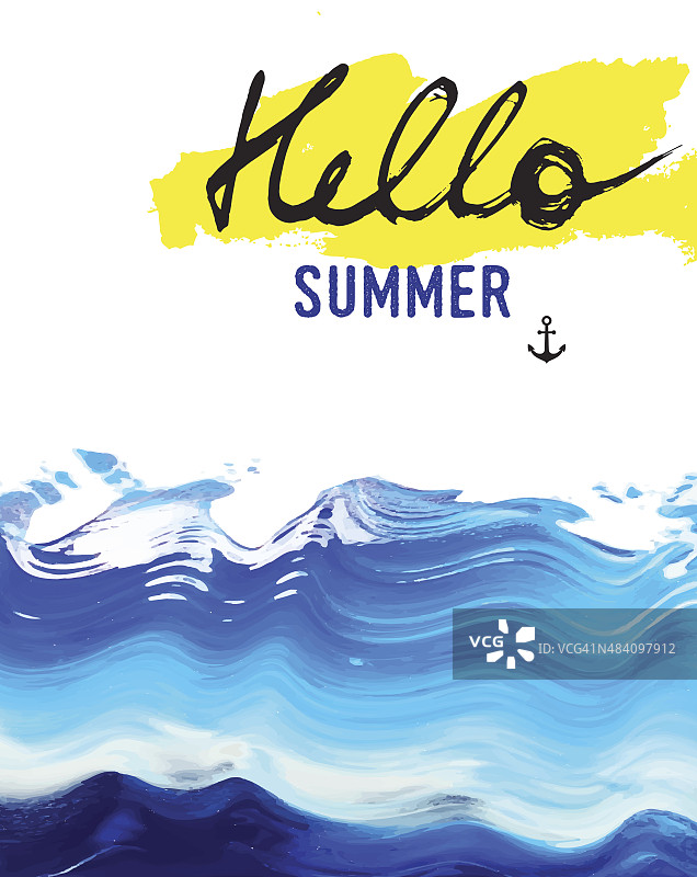 创意海报《你好夏天》。丙烯酸的艺术。海洋,海洋,水图片素材
