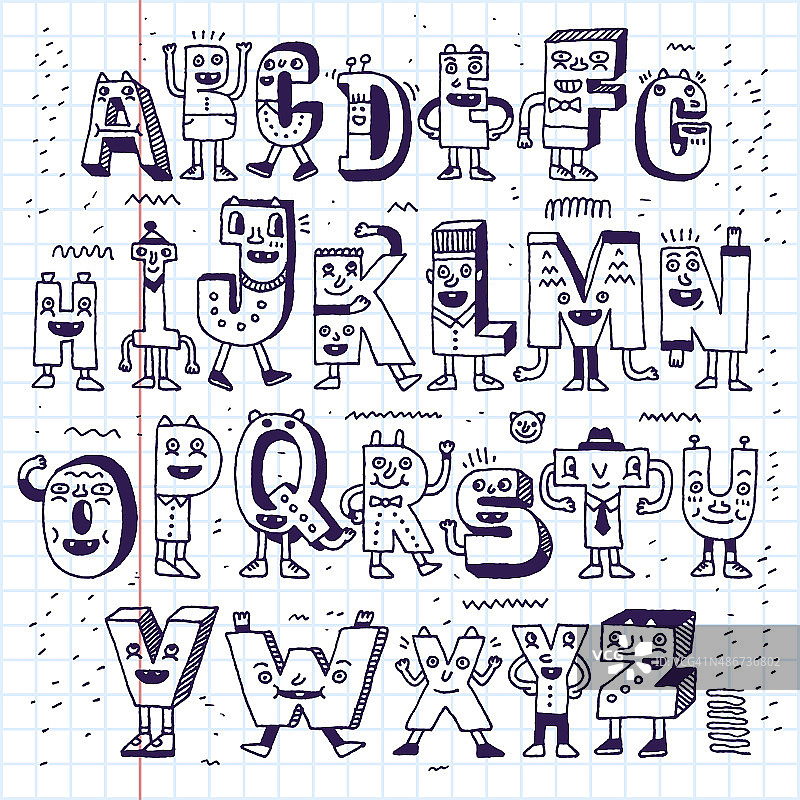 精彩有趣的字母。古怪的涂鸦字母设计集。图片素材