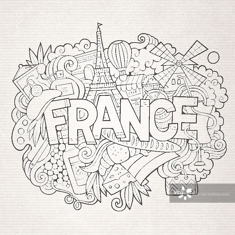 法国国家手写字母和涂鸦元素图片素材