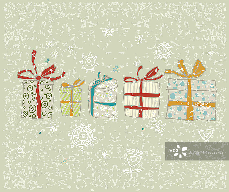 带着礼物和雪花的老式圣诞卡。矢量插图。图片素材