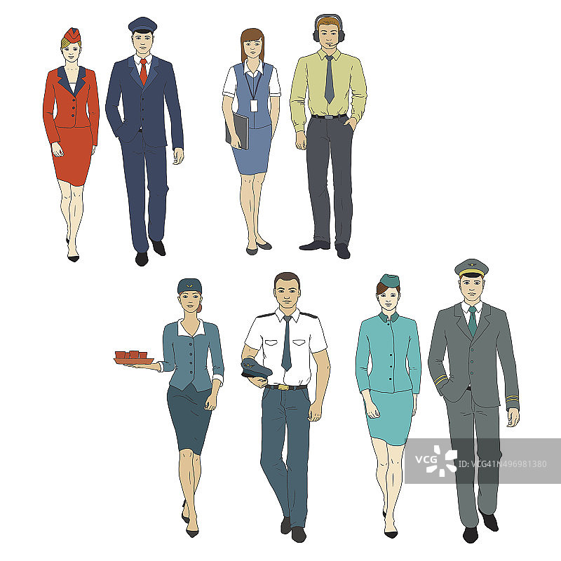 设定航空人员的角色。矢量图手绘图片素材
