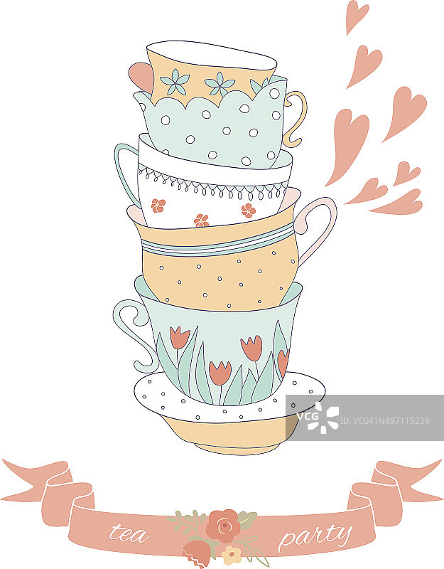 茶卡片和一堆可爱的彩色杯子图片素材