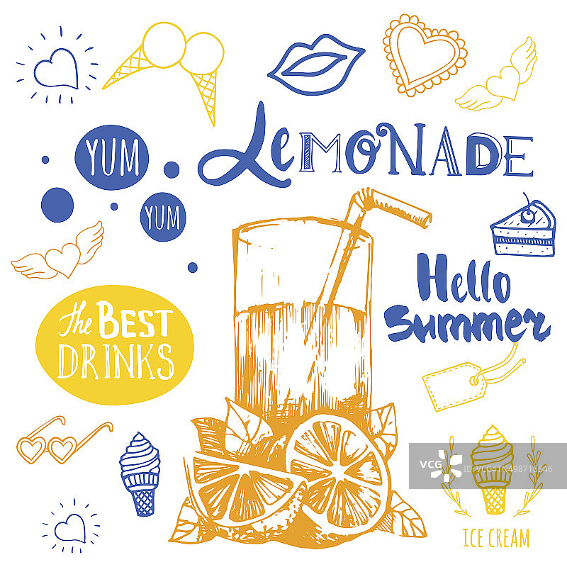 夏季海报与黄色和蓝色的柠檬水素描。图片素材