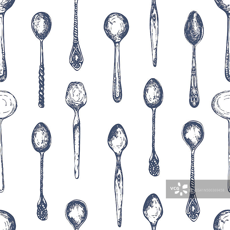 勺子手绘草图。无缝的餐具背景。图片素材