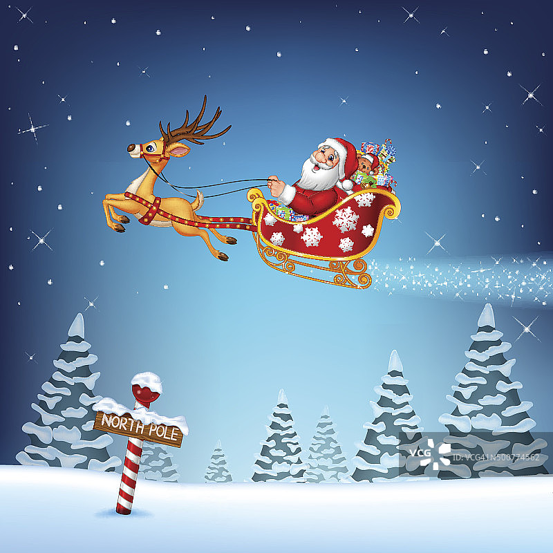 圣诞老人在驯鹿拉的圣诞雪橇里快乐图片素材