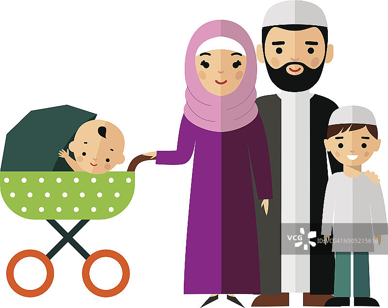 矢量彩色插图的阿拉伯家庭在民族服装图片素材