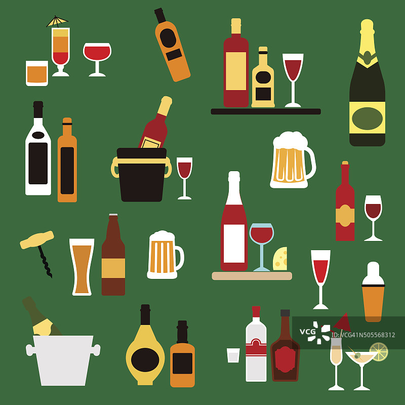 饮料，饮料和酒精鸡尾酒平面图标图片素材