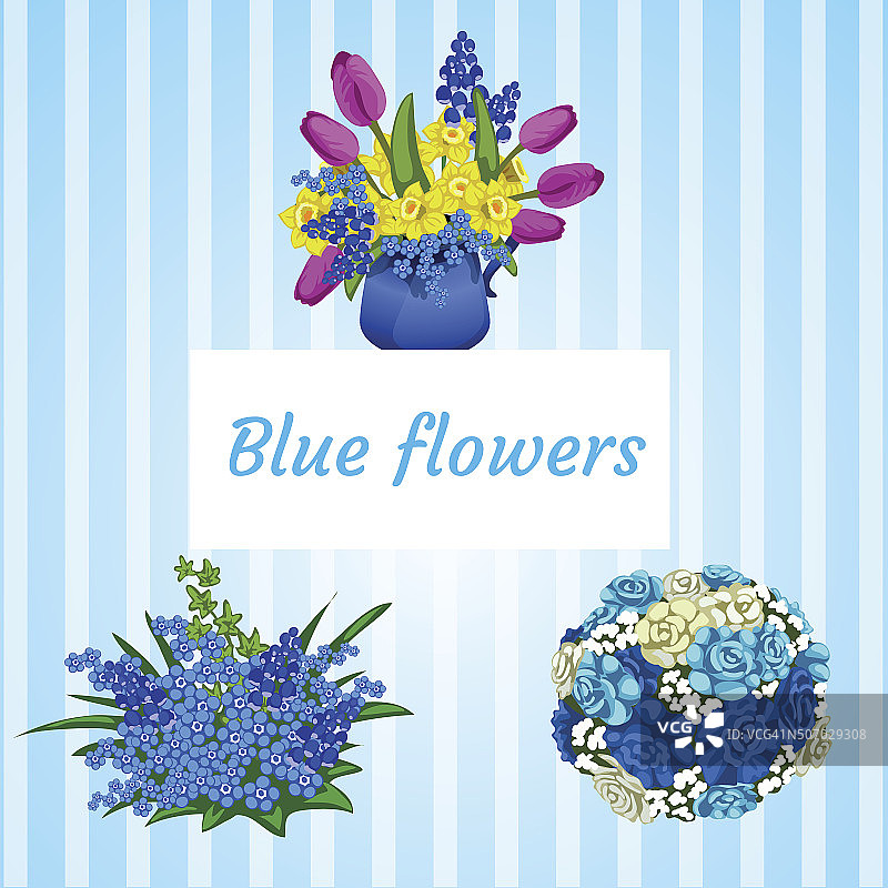 三束蓝色和彩色的花图片素材